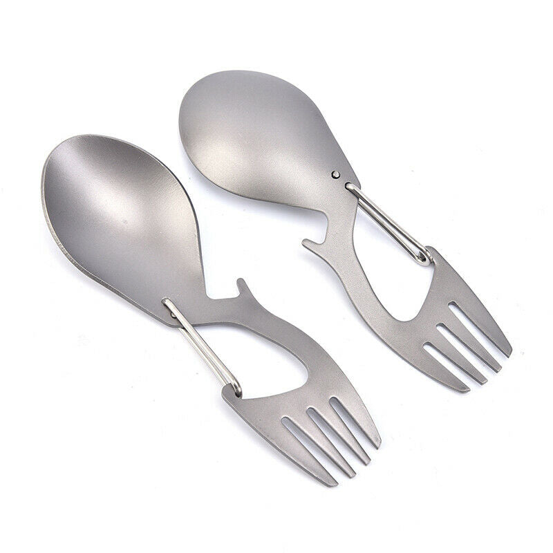 1pc Titanium Camping Tableware Fork Spoon Bottle Opener Outdoor Hang Buck.l8