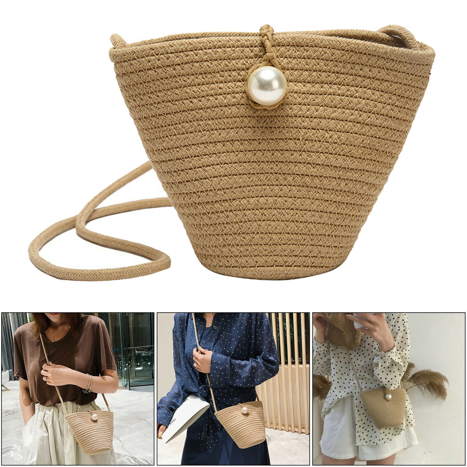 Women Straw Shoulder Bag Beach Rattan Handbag Vocation Handwoven Woven Tote