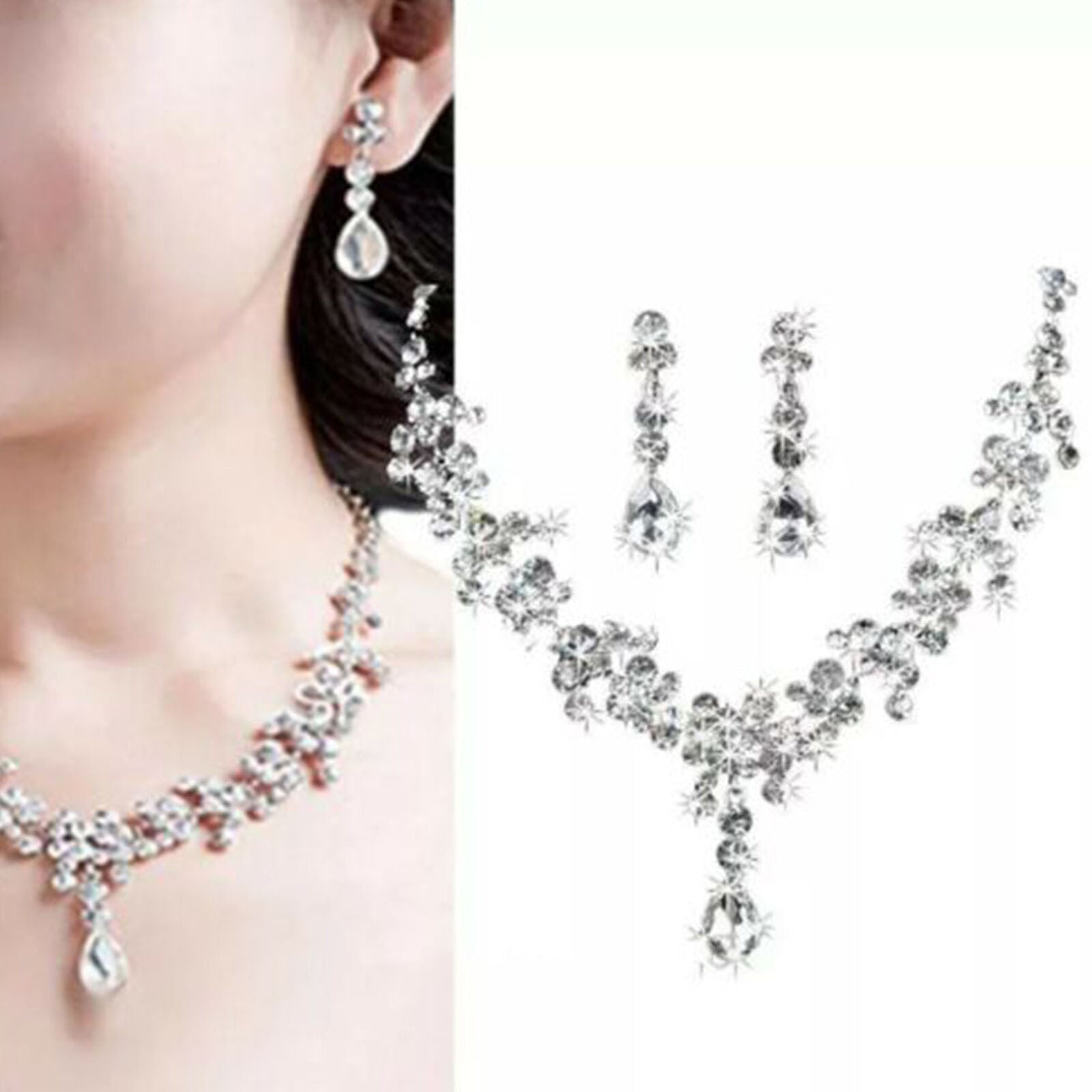 Bridal Wedding Rhinestone Crystal Cubic Necklace Earrings Jewelry Set Party