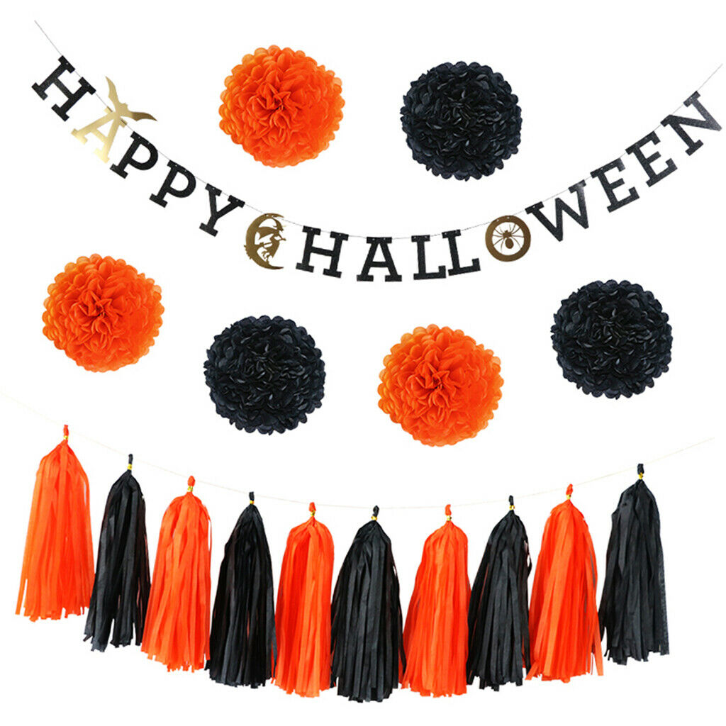 17pcs Halloween paper decorations banner garland fan shape balls tassels