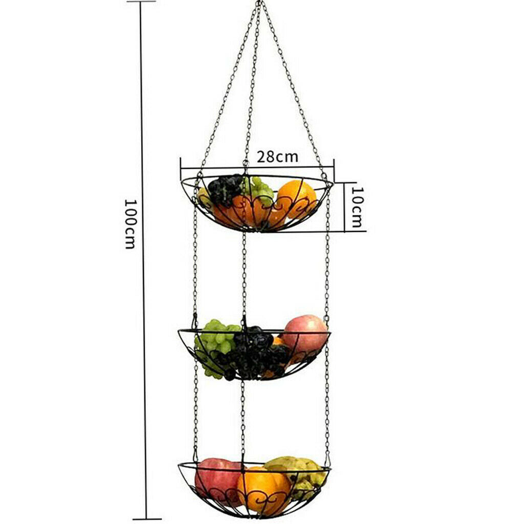 Iron Hanging Fruit Basket Vegetable Storage Organizer 3 Tier, Round, For Kitchen