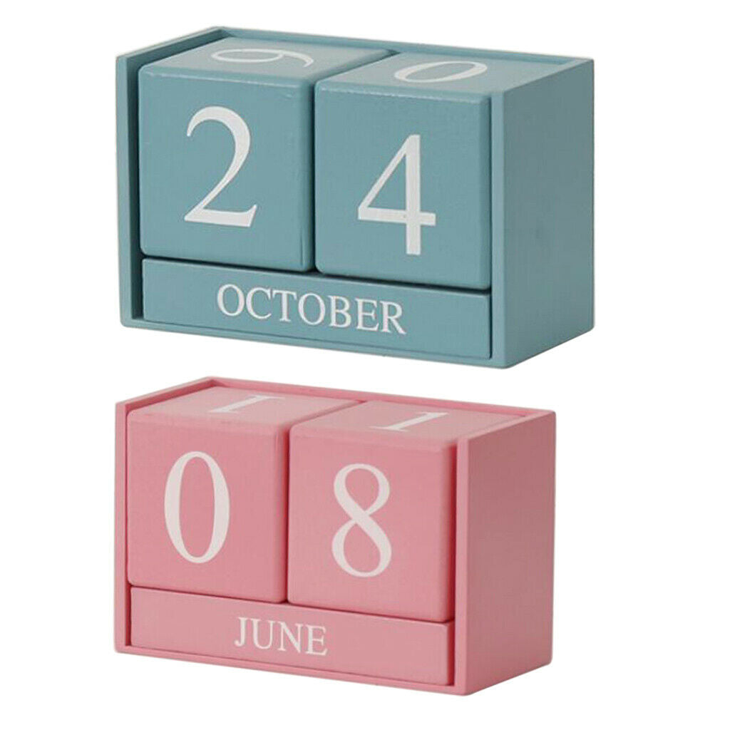 Wooden Perpetual Calendar Desktop Block Wood Calendar for Home Office Blue