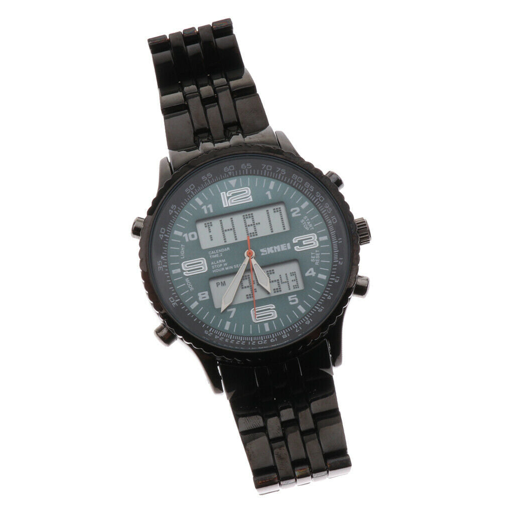 Mens Multifunctional Analog-Digital Chronograph Metal Strap Wristwatch Blue