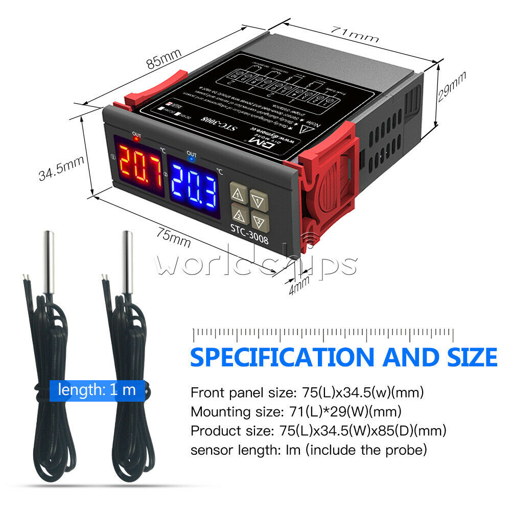 AC110-220V STC-3008 Digital Thermostat Temperature Controller Dual NTC Sensor