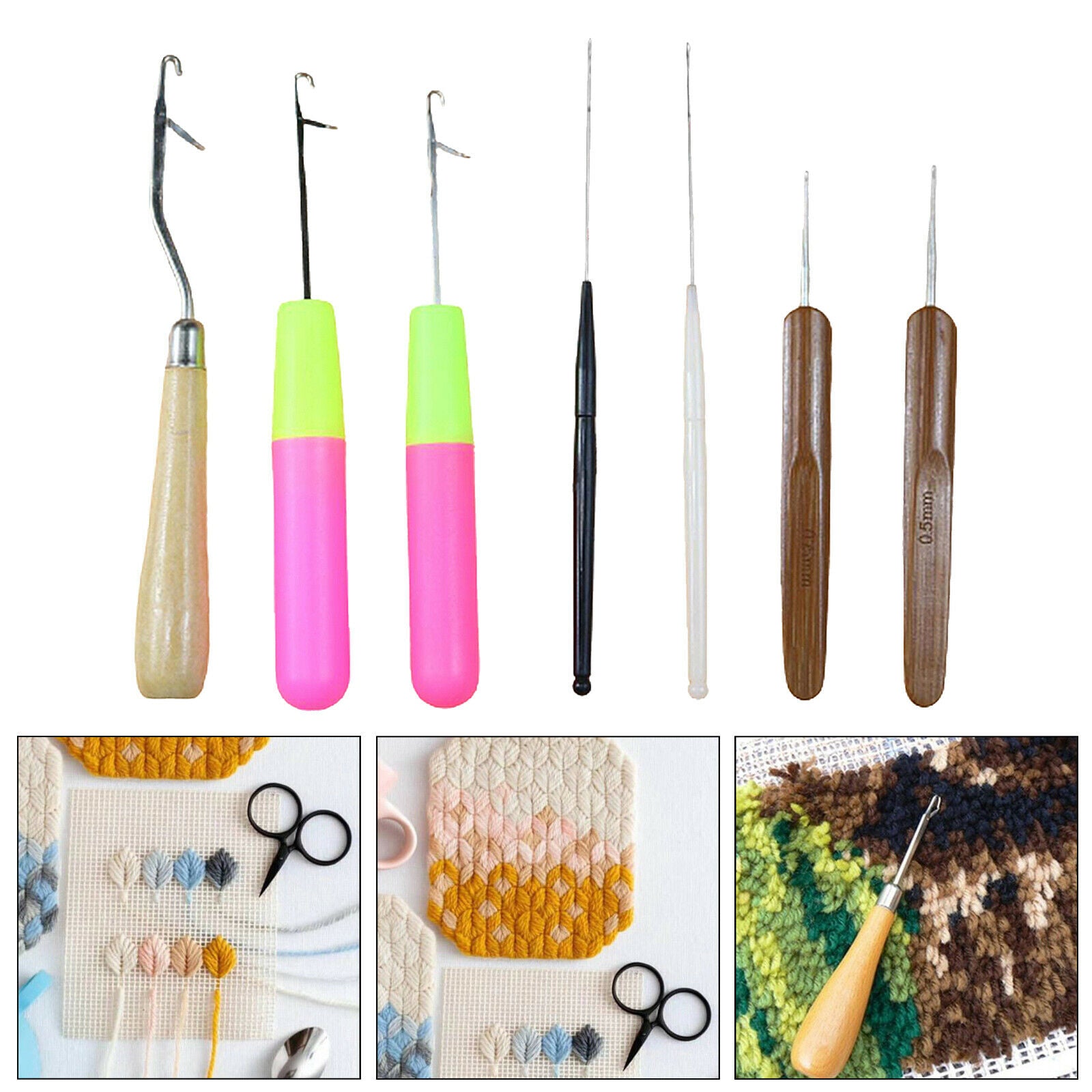 7Pcs Latch Hook Tool Bent Wooden Handle Dreadlocks Crochet Hook Needle for Rug