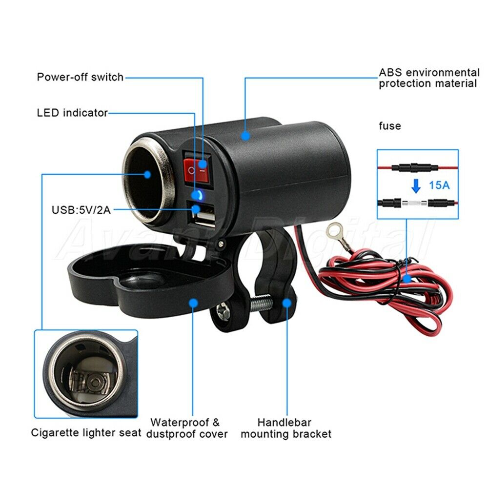 12V Motorcycle USB Charger Universal Waterproof Cigarette Lighter Socket&Switch