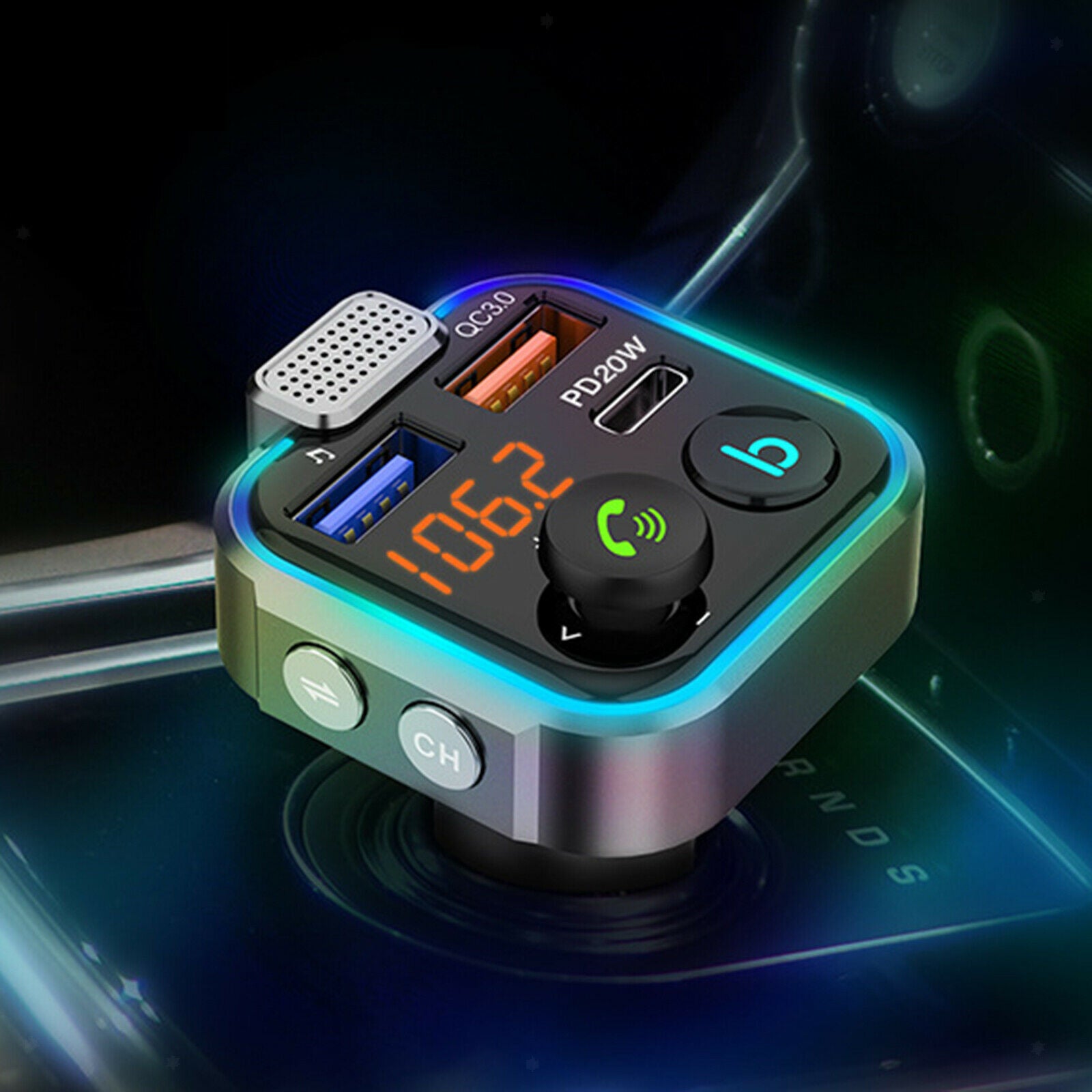 Bluetooth FM Transmitter Car Adapter Support 42W PD+QC3.0 Wireless Call