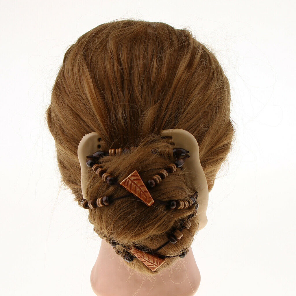 Women Double Hair Combs Stretchy Wooden  Beads Clip Updo Hairstyle