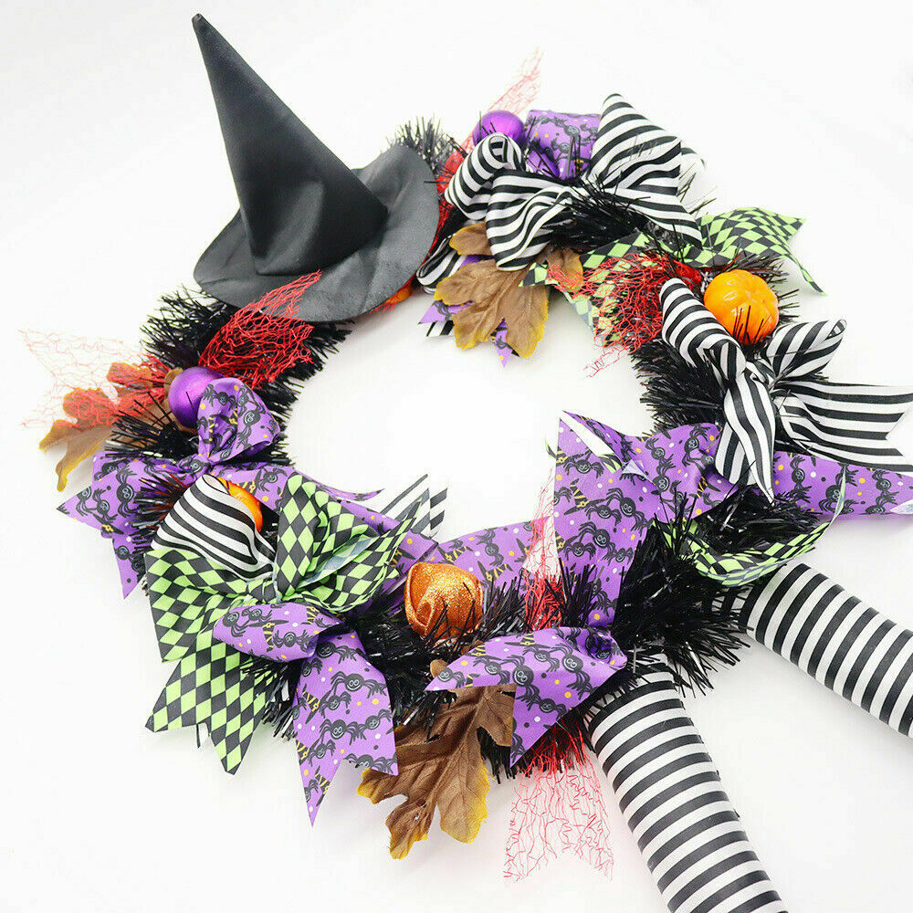 24 Inch Witch Halloween Wreath with Hat Legs Pumpkin Wreath Door Wall Decor