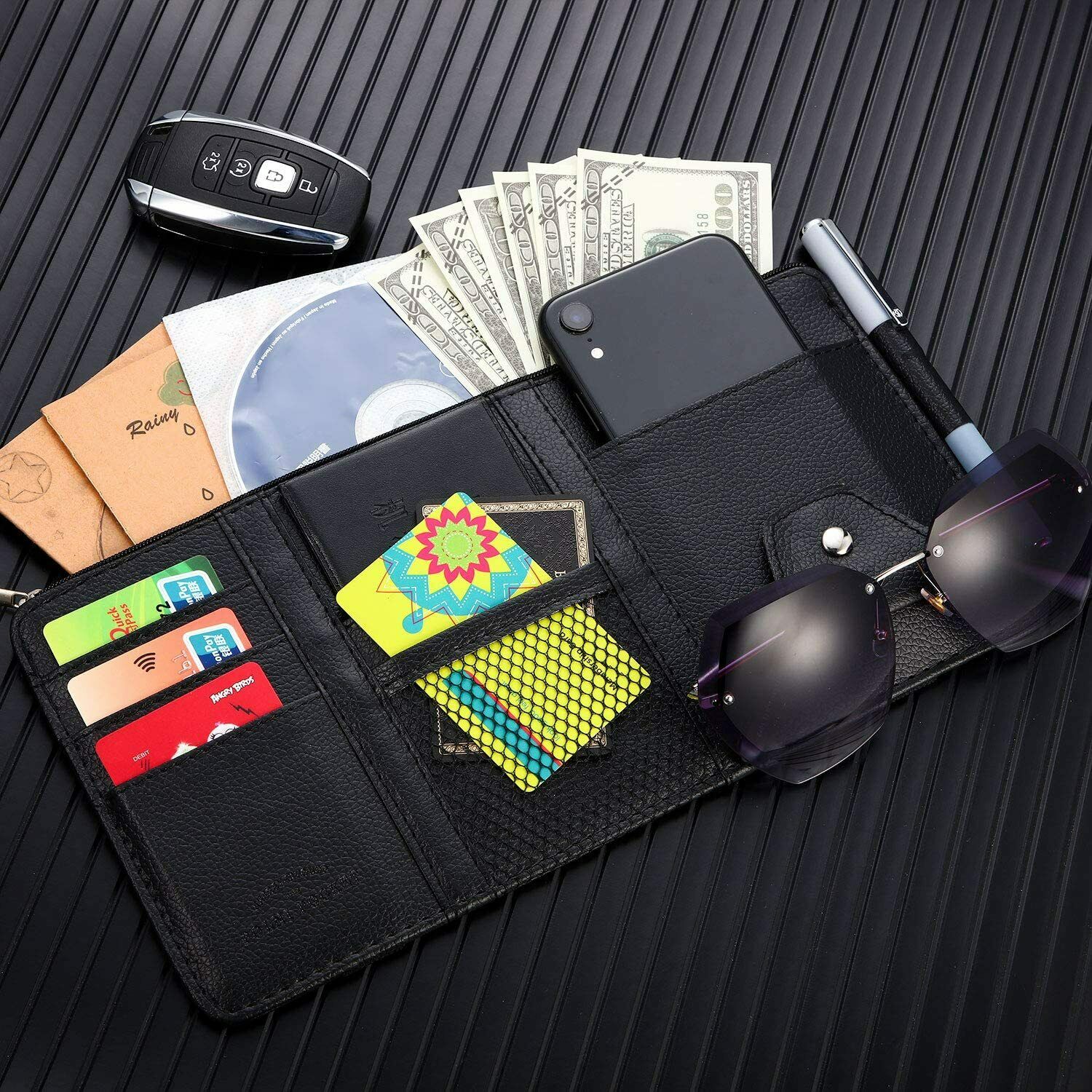 Leather Car Sun Visor Organizer Auto Interior Pocket Sunglass Card Holder Clip