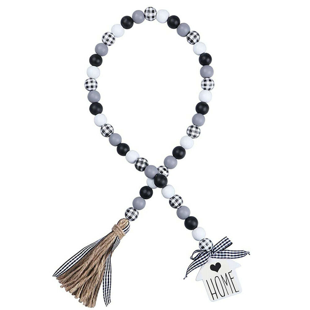 3PCS Black&White Plaid Wood Bead Garland with Tassel Home Bed Hanging Decor