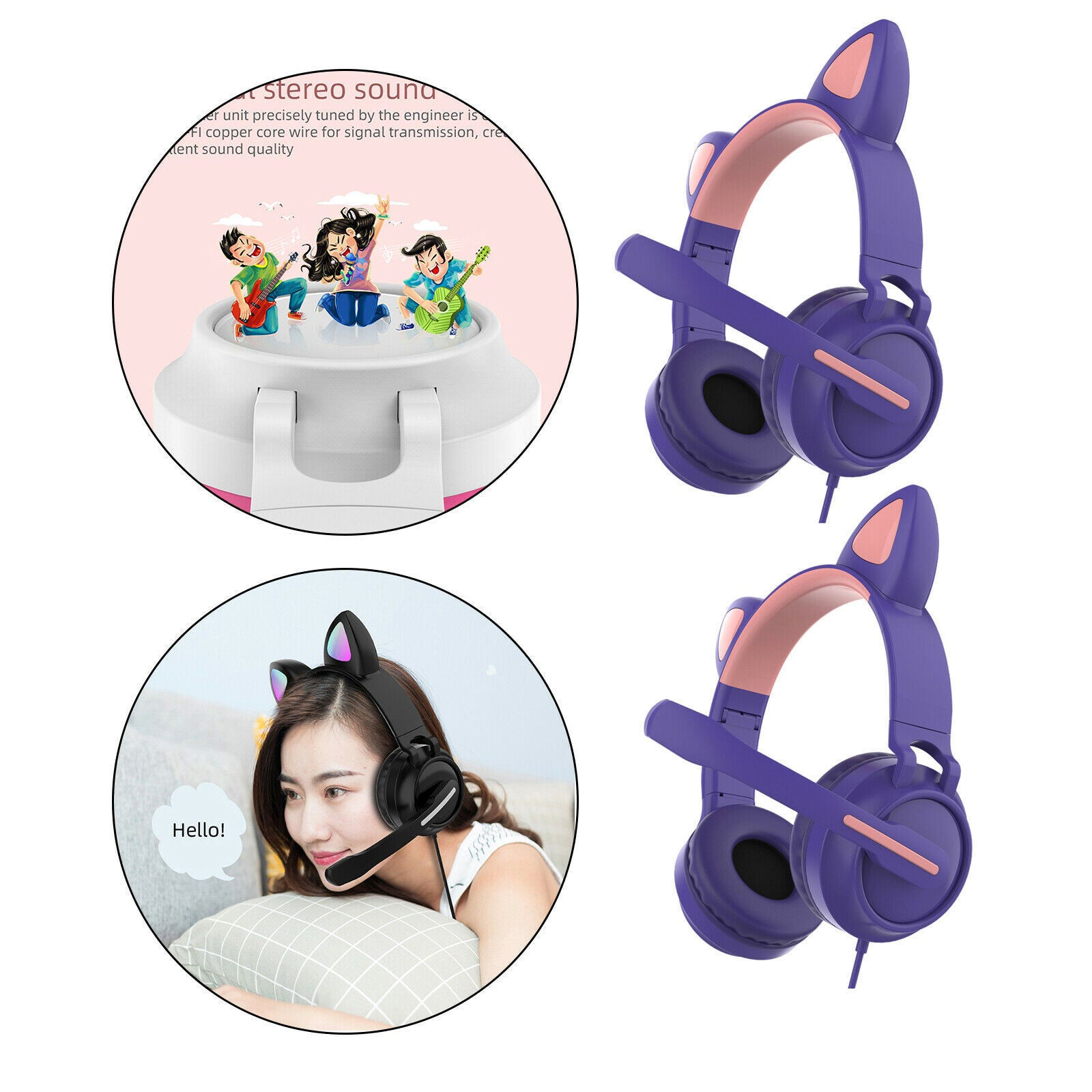 Set of 2 USB Cat Ear Wired Headset Headphones LED Light for PC Games TV