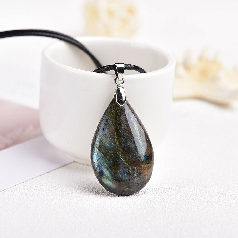 Energy Necklace Labradorite Natural Stone Water Drop Shaped Pendant Jewelry Gift
