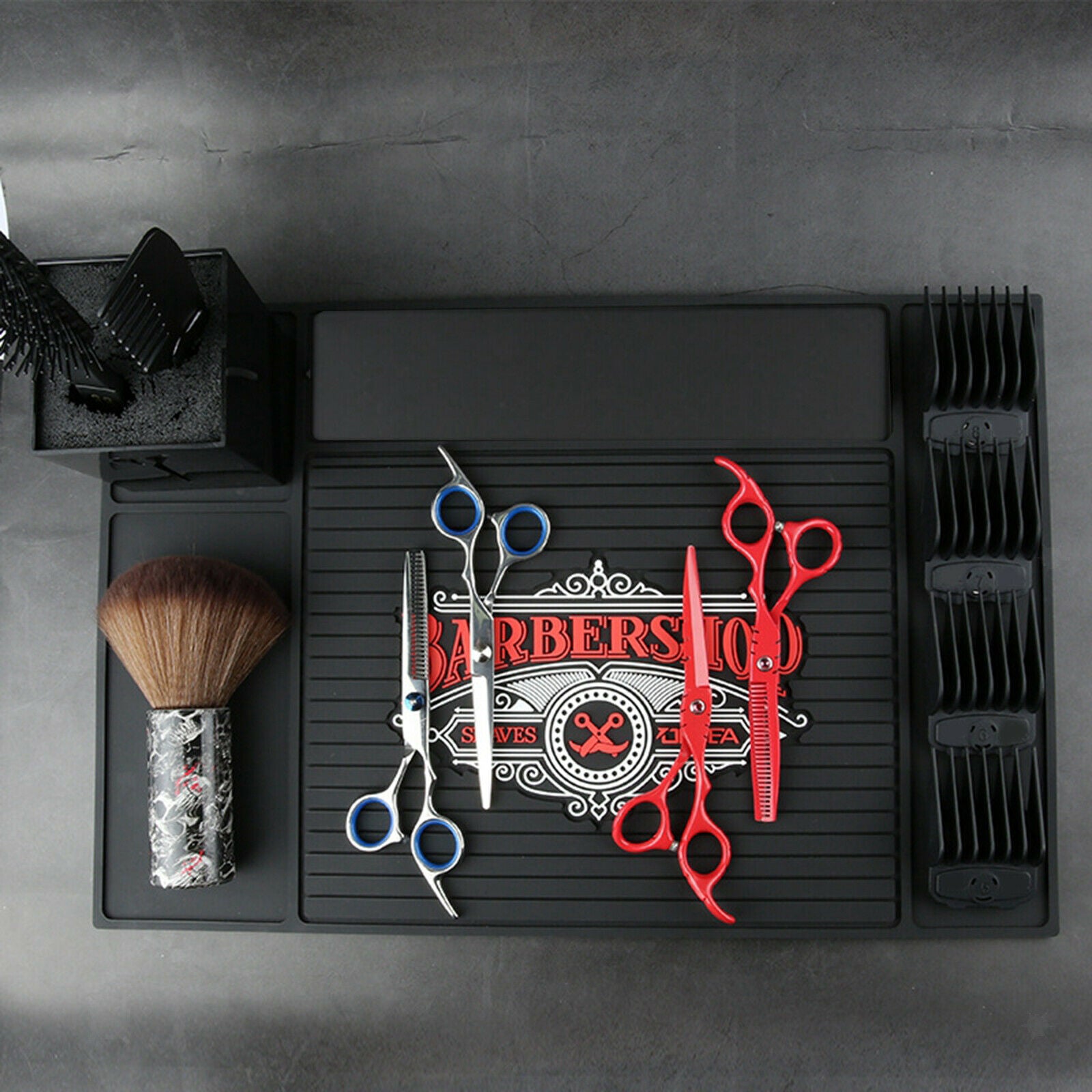 Black PVC Non-Slip Barber Station Mat Barber Tools Display Storage Organizer