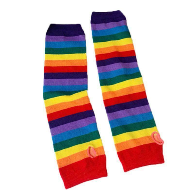 Women Girl Harajuku Elbow Length Fingerless Arm Sleeve Warmer Rainbow Colored