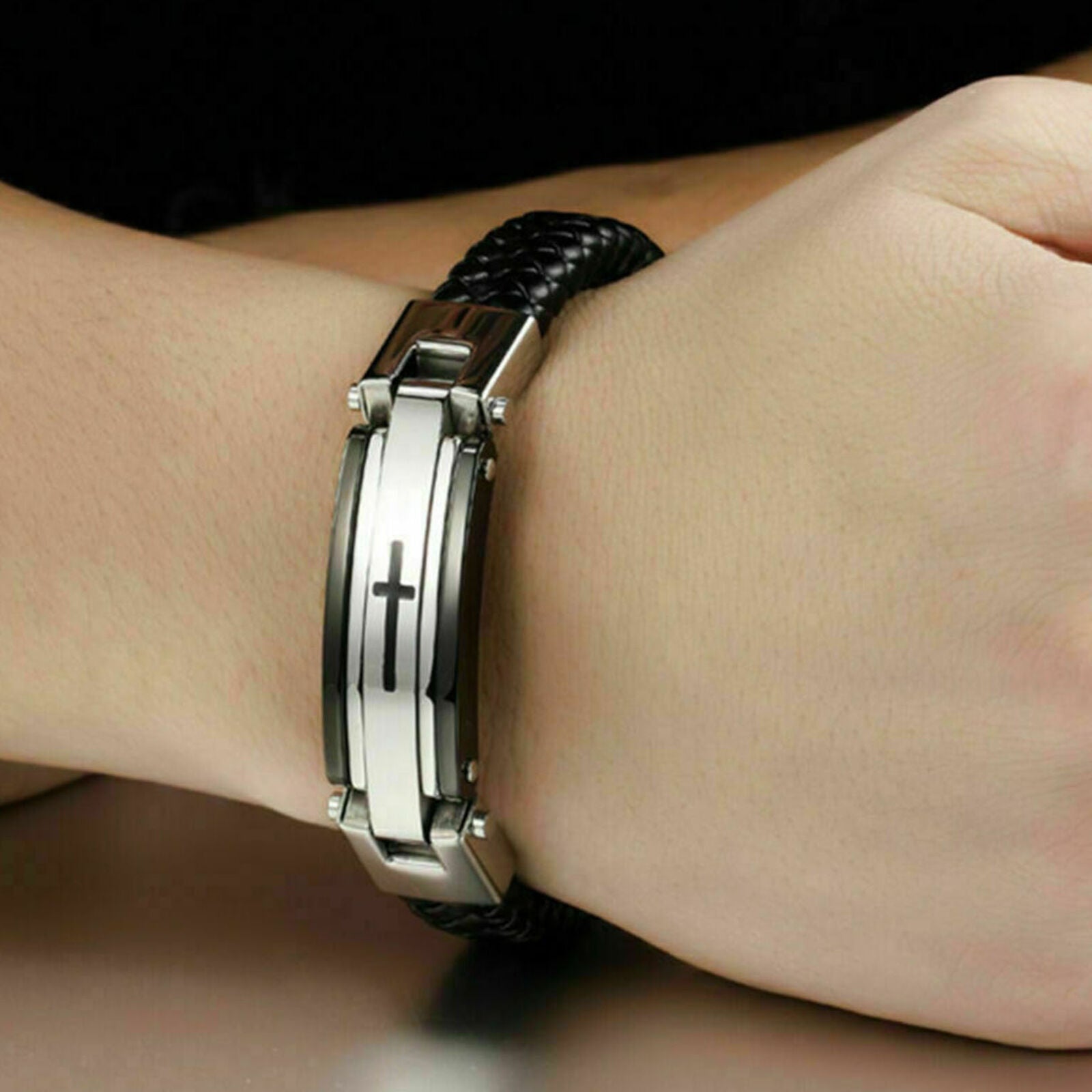 Black Leather Braided Stainless Steel Cross Men's Charm Bracelet Wristband Cuff