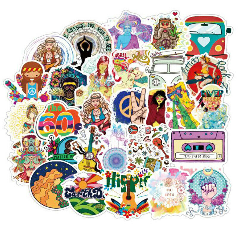 50Pcs Retro Hippies Stickers Waterproof Laptop Skateboard Luggage Guitar Stic Lt