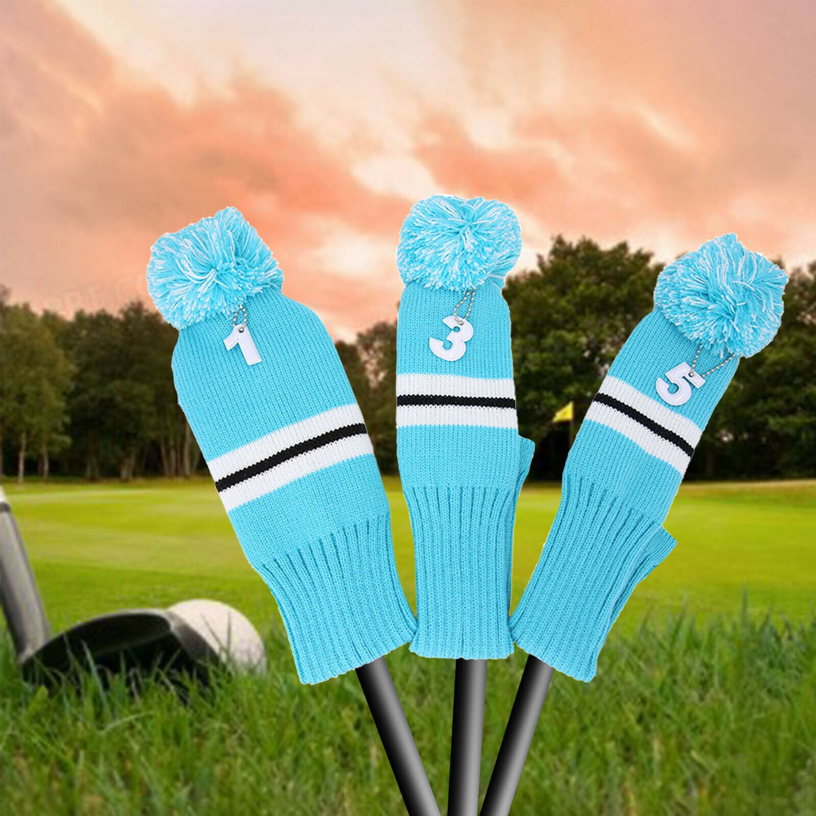 3Pcs Stripes Golf Pom Pom Head Covers Protector For Wooden Racket,
