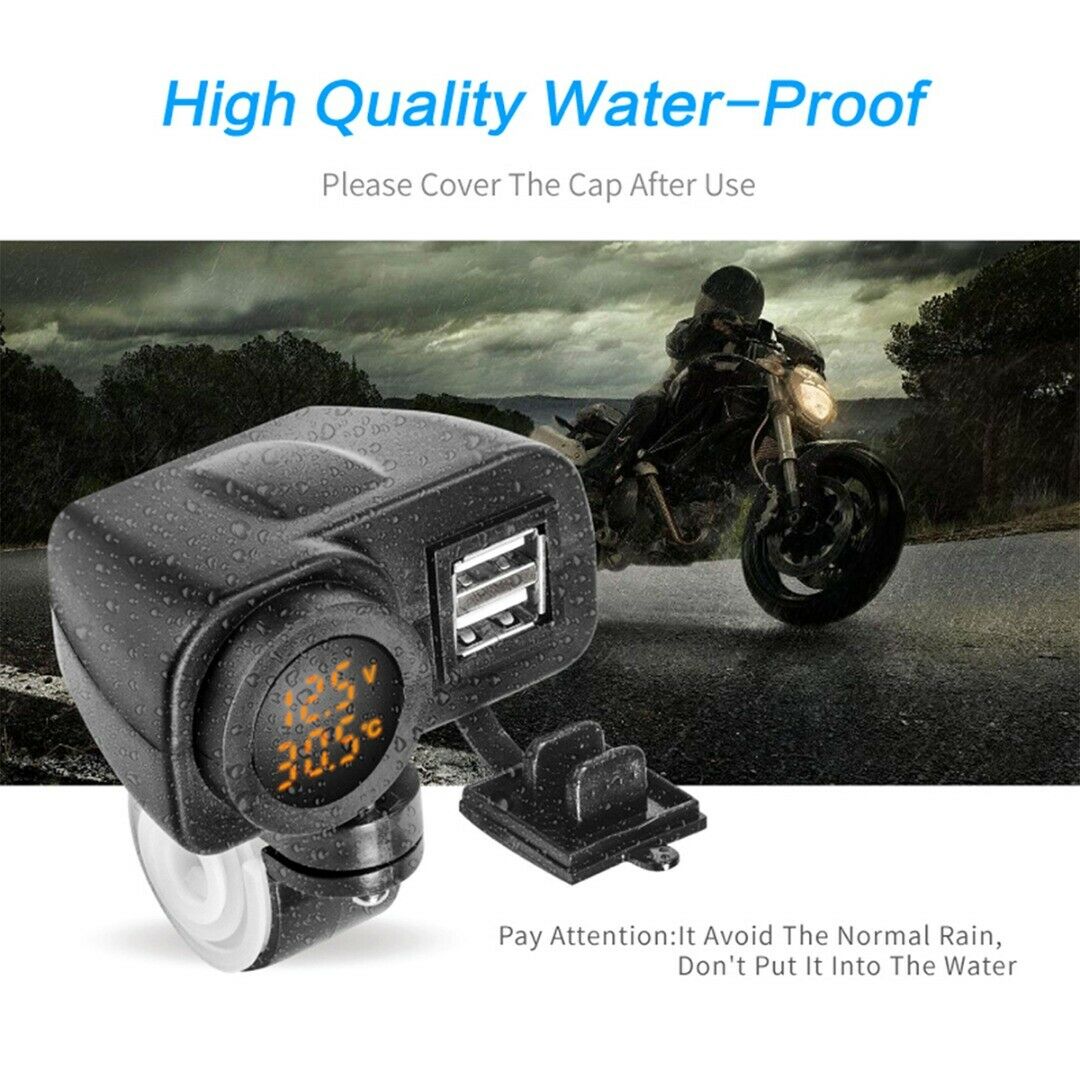 Cell Phone 2 Port USB Charger 2.1A+2.1A LED Voltmeter Thermometer For Motorcycle