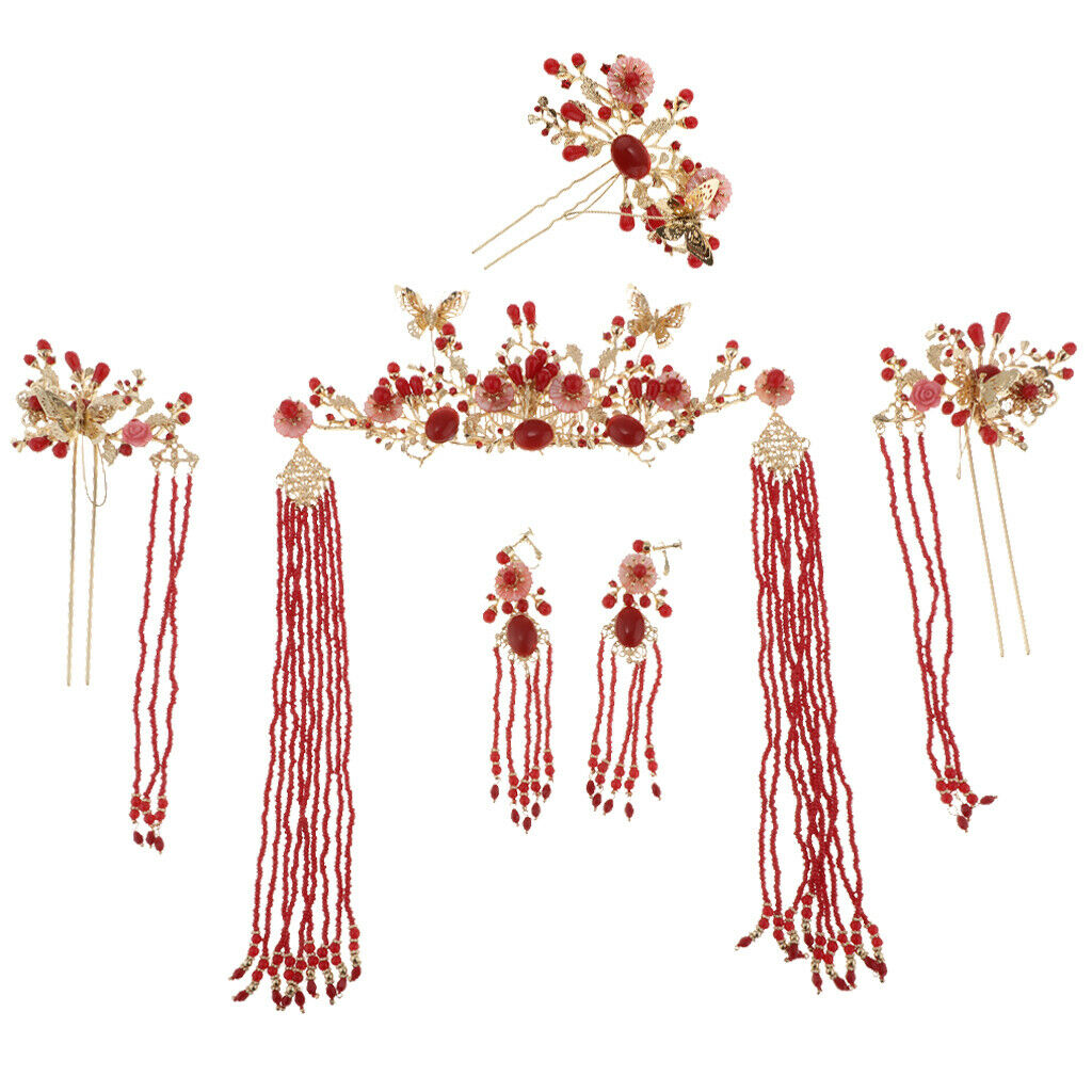Chinese Ancient Red Crystal Hair Stick Tiara Crown Wedding Bride Headdress