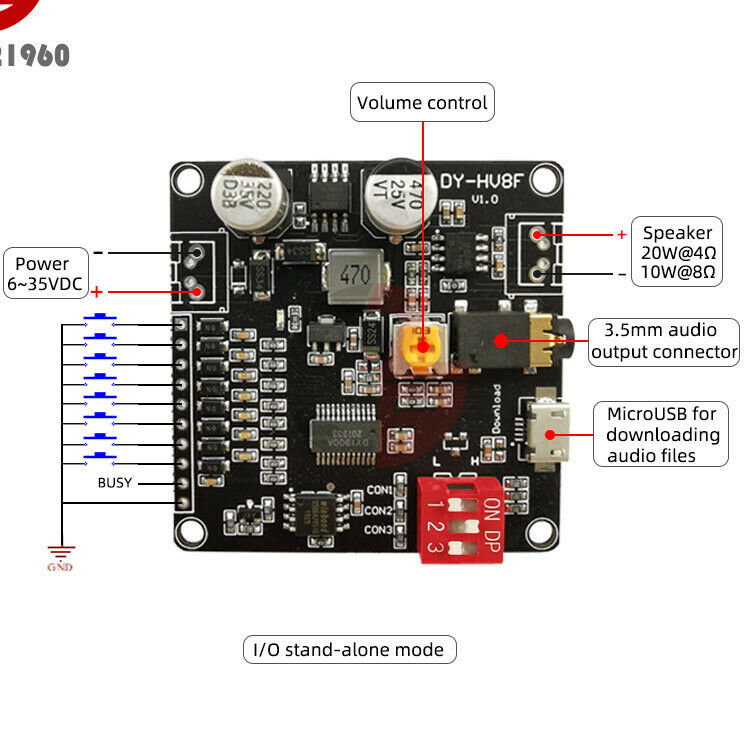 12V/24V Power Supply 10W/20W Voice Playback Module w/8M bytes flash MP3 Player