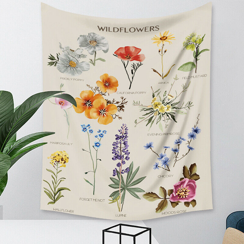Botanical Wildflower Tapestry Wall Hanging Flower Chart Bohemian INS Home.l8