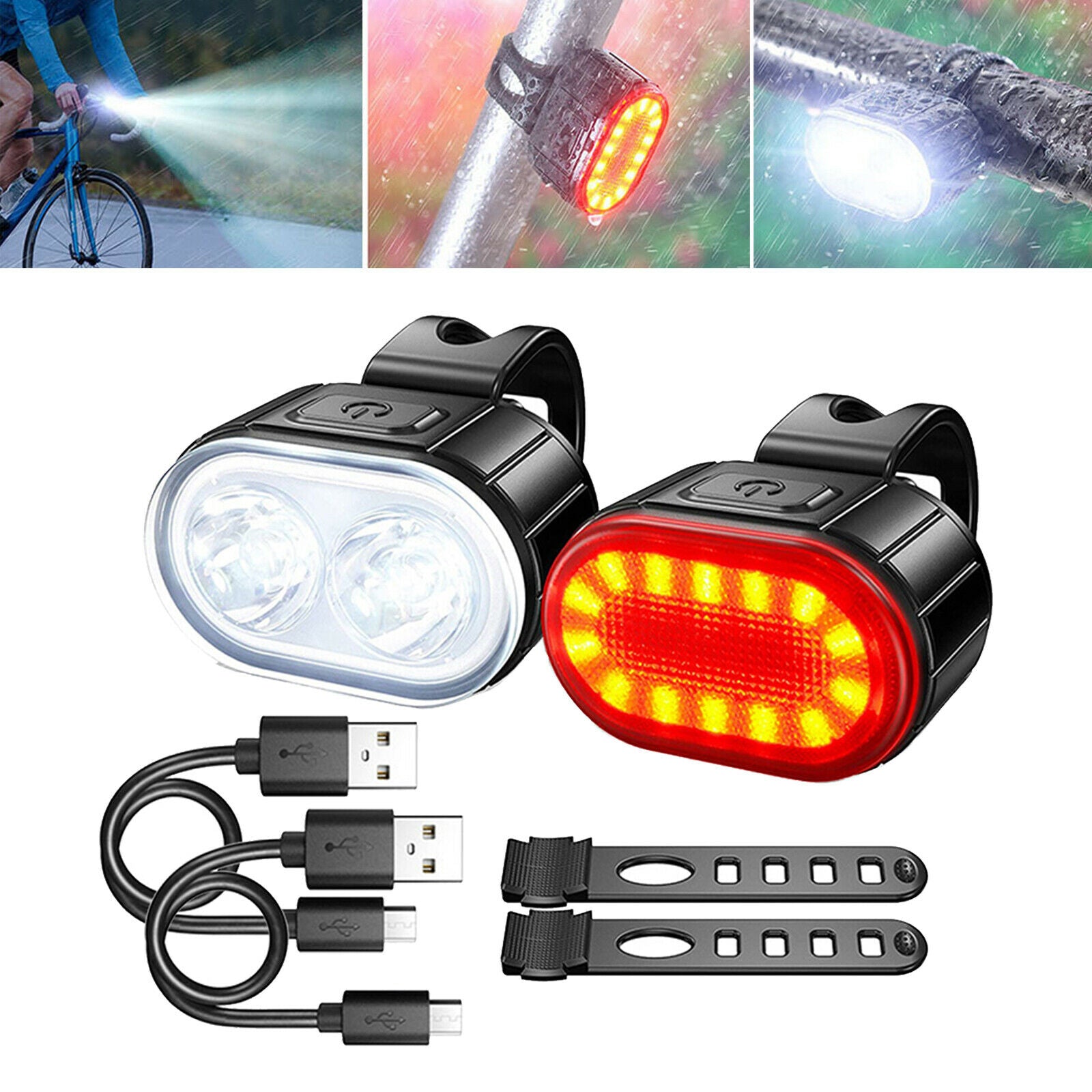 Road Bike LED Headlight Taillight Set USB Rechargeable Waterproof
