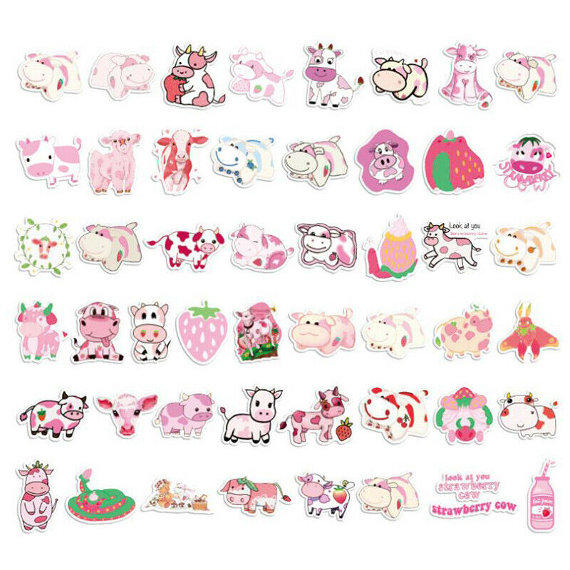 50Pcs Cartoon Pink Strawberry Cow Stickers Laptop Skateboard Luggage StickerBU