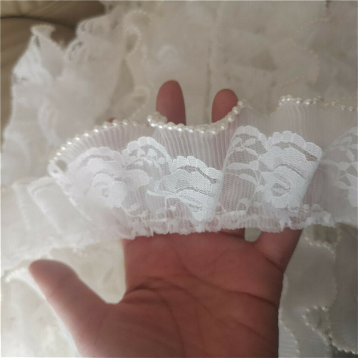 50cm Polyester 2 Layer Bead Pleated Lace Trim Ribbon Dress Cuff Sewing DIY Craft