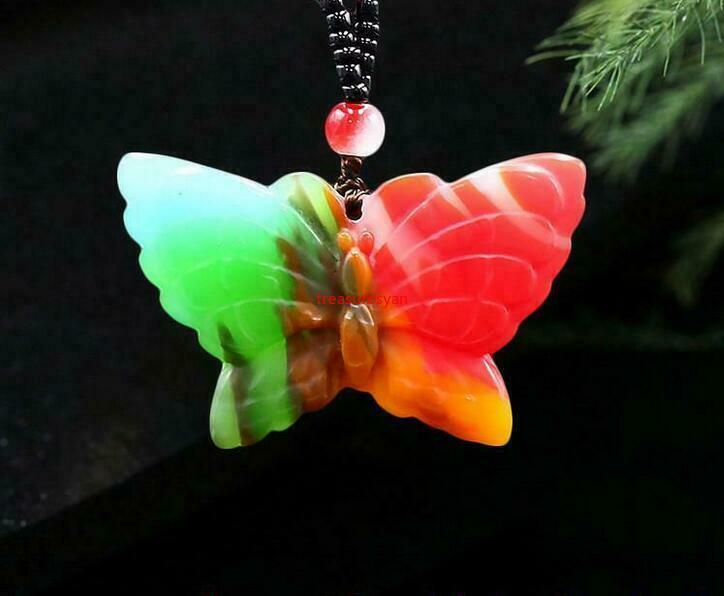Color Jade Butterfly Pendant Necklace Carved Jewelry Jadeite Amulet Natural
