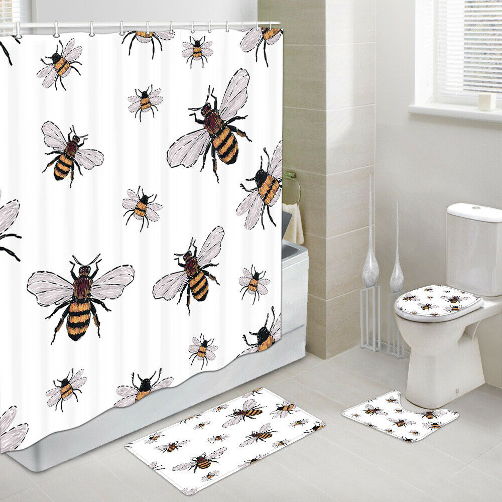 Hand Drawn Bees Shower Curtain Set Bathroom Rug Toilet Lid Seat Cover 4PCS-Set