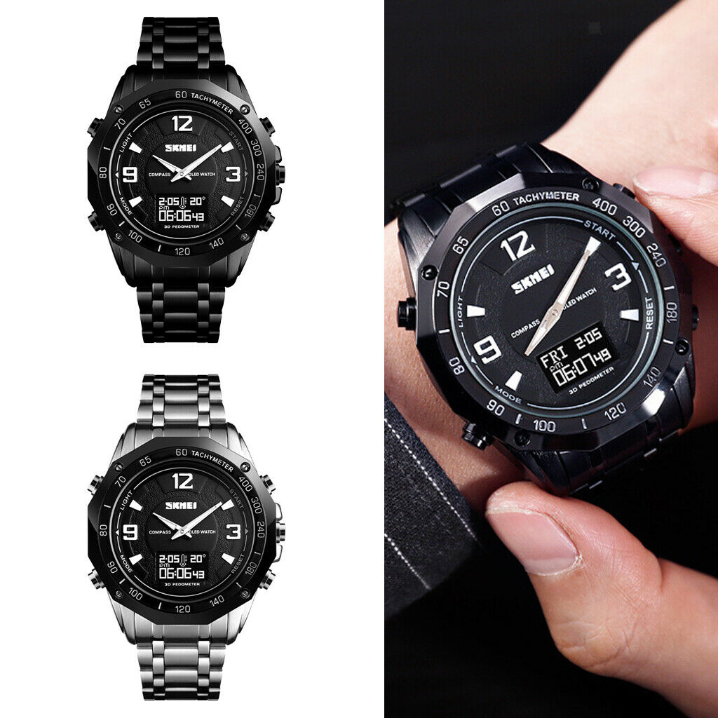 Men Steel Analog Digital Watch Led Sport Military Wristwatch Black