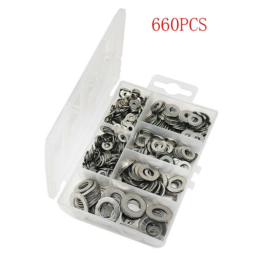 660 Pcs 304 Stainless Steel Washer Gasket Flat Ring Seal Kit M3 M4 M5 M6 M8 M10