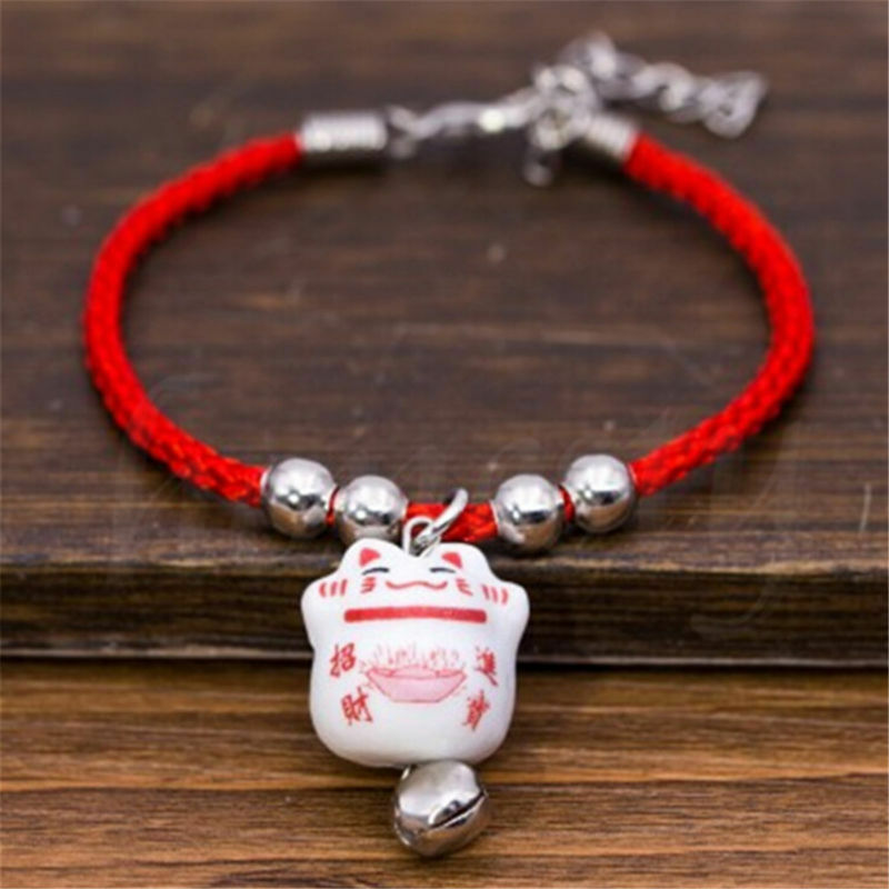 10PCS Lucky Ceramic Fortune Cat Red Rope Bracelet Pendant Fengshui Blessing Gift