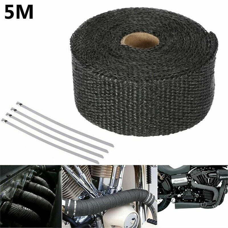 Roll 5M Black Fiberglass Exhaust Manifold Header Pipe Heat Wrap Tape +4 Ties Tt
