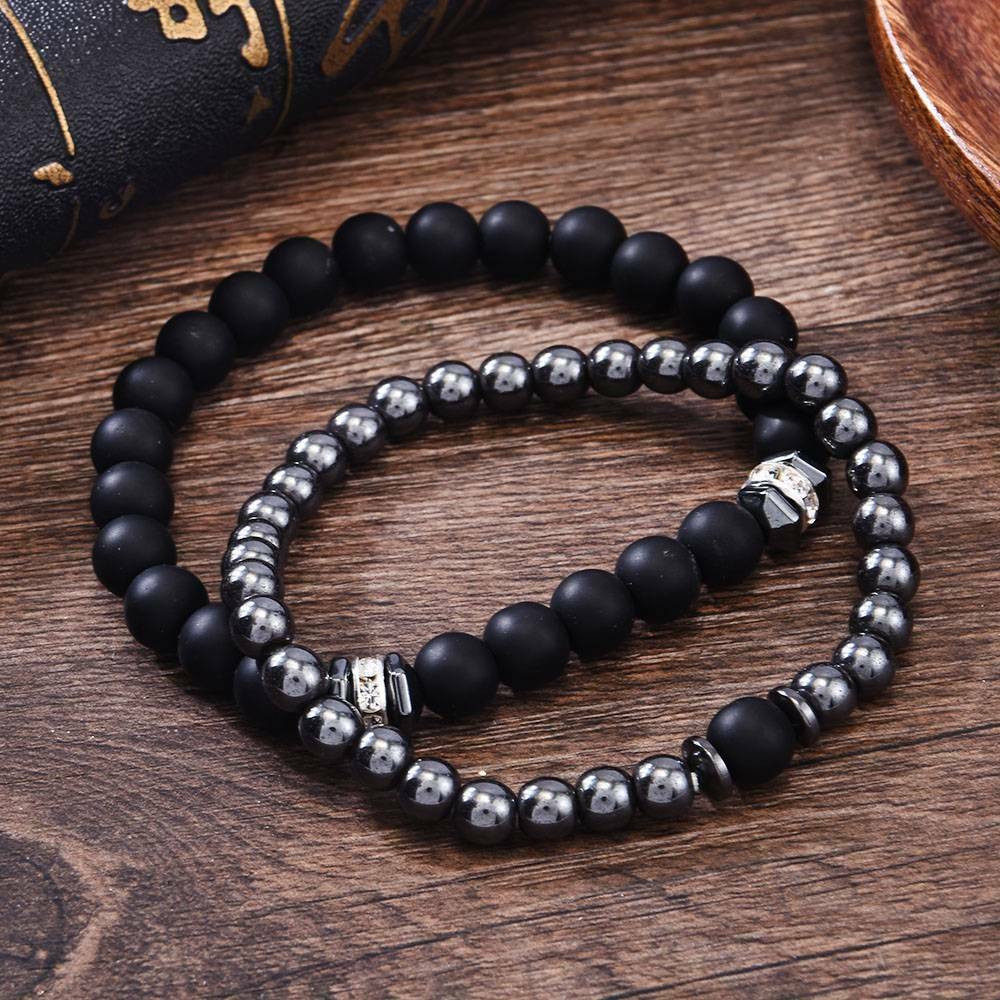 2Pcs Natural Stone Cooper Beads Bracelet Mens Matte Lava Volcanic Couple Jewelry
