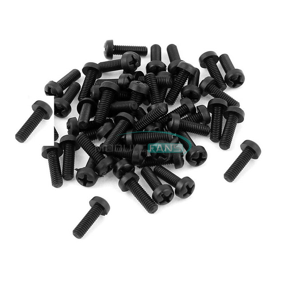 100PCS M3 x 10mm Nylon Black Round Phillips Pan Head Screws New