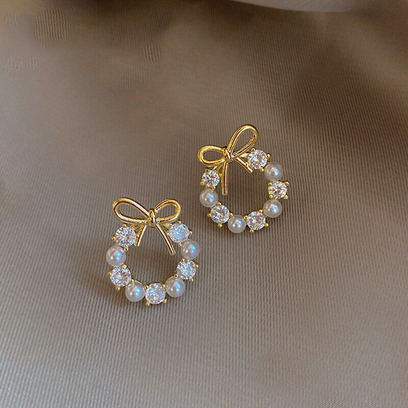 Elegant Trendy Wreath Bow Stud Earrings For Women Imitation Pearls Jewelry G Pb