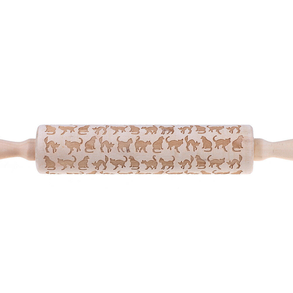 Cat Pattern Wooden Engraved Rolling Pin Cut Cookie Cake Pizza Baking Tool tdJ SJ