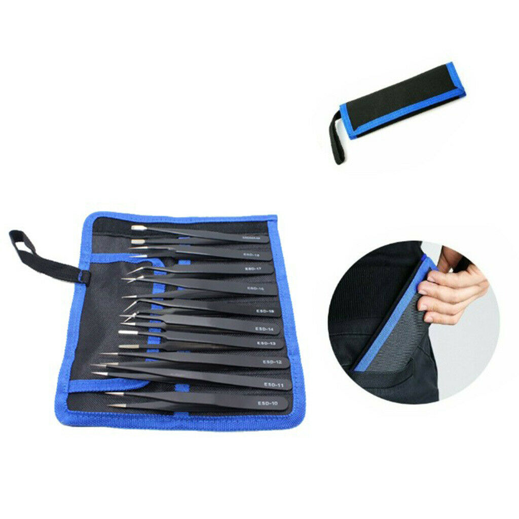 10 in 1 ESD Anti-static Tweezers Set Maintenance Repair Tools Kit with Bag