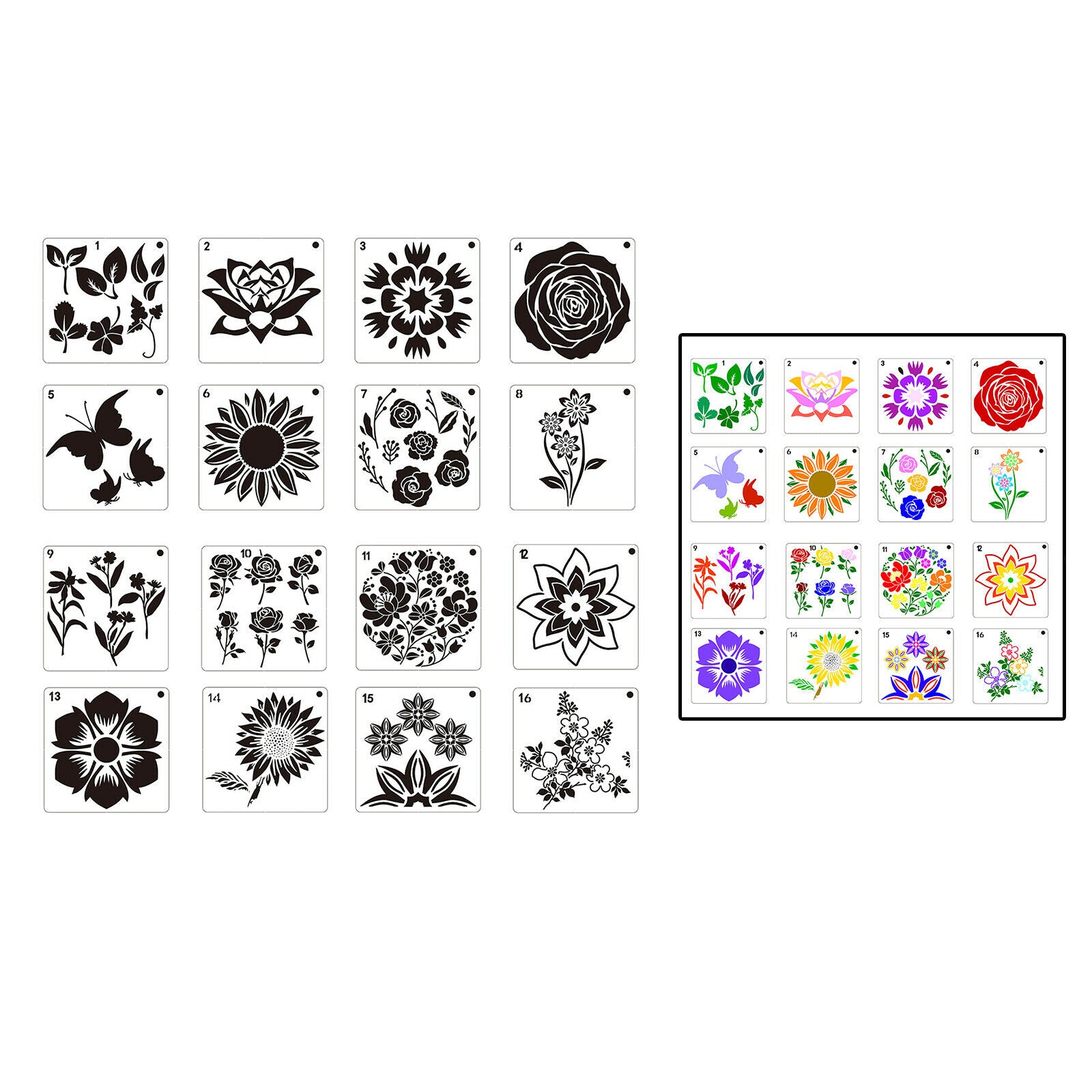 16x Flowers Pattern Plastic Painting Drawing Template Stencil for Decor Card