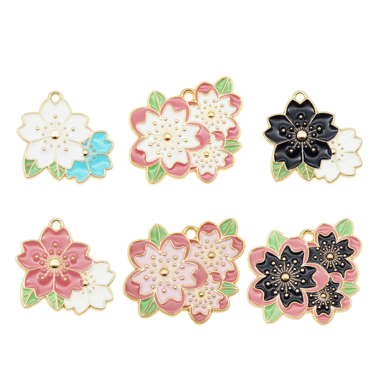6 PCS Assorted Cheery Blossom Enamel Charm Flower Sakura Pendant Jewelry 25-32mm