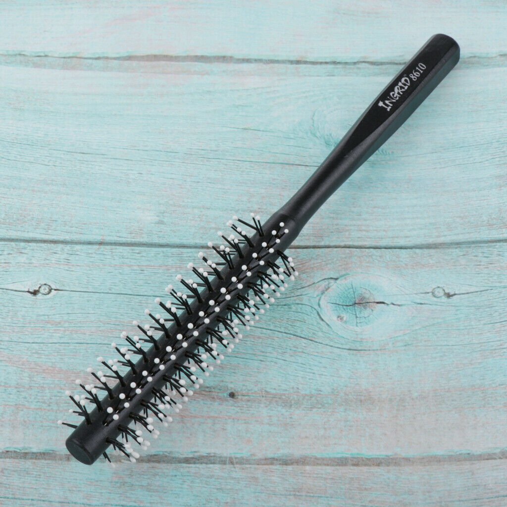 Small Mini Round Hair Brush Nylon Bristles, Black Long Wood Handle Hair