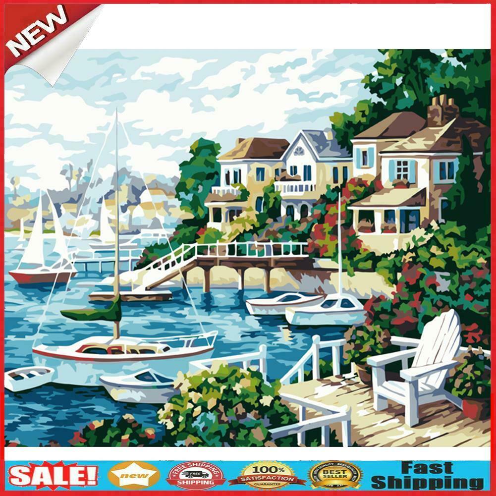 DIY Painting By Number Kit Modern Sea Houses Wall Decor Canvas Coloring Art @