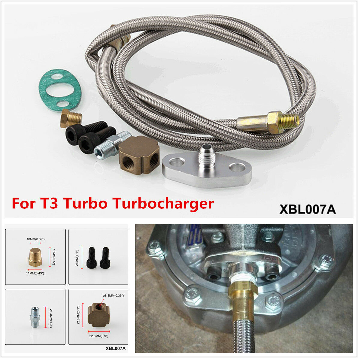 Cars Stainless Steel Universal T3 Turbo Turbocharger Oil Feed Line Adapter Kit