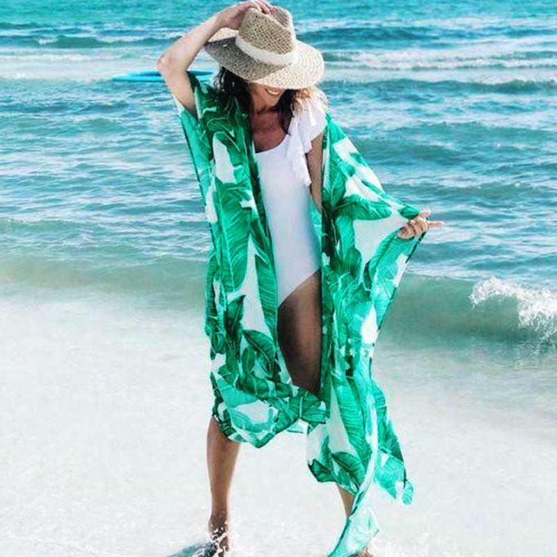 Womens Summer Chiffon Semi-Sheer Maxi Kimono Cardigan Top Green Tropical Banana