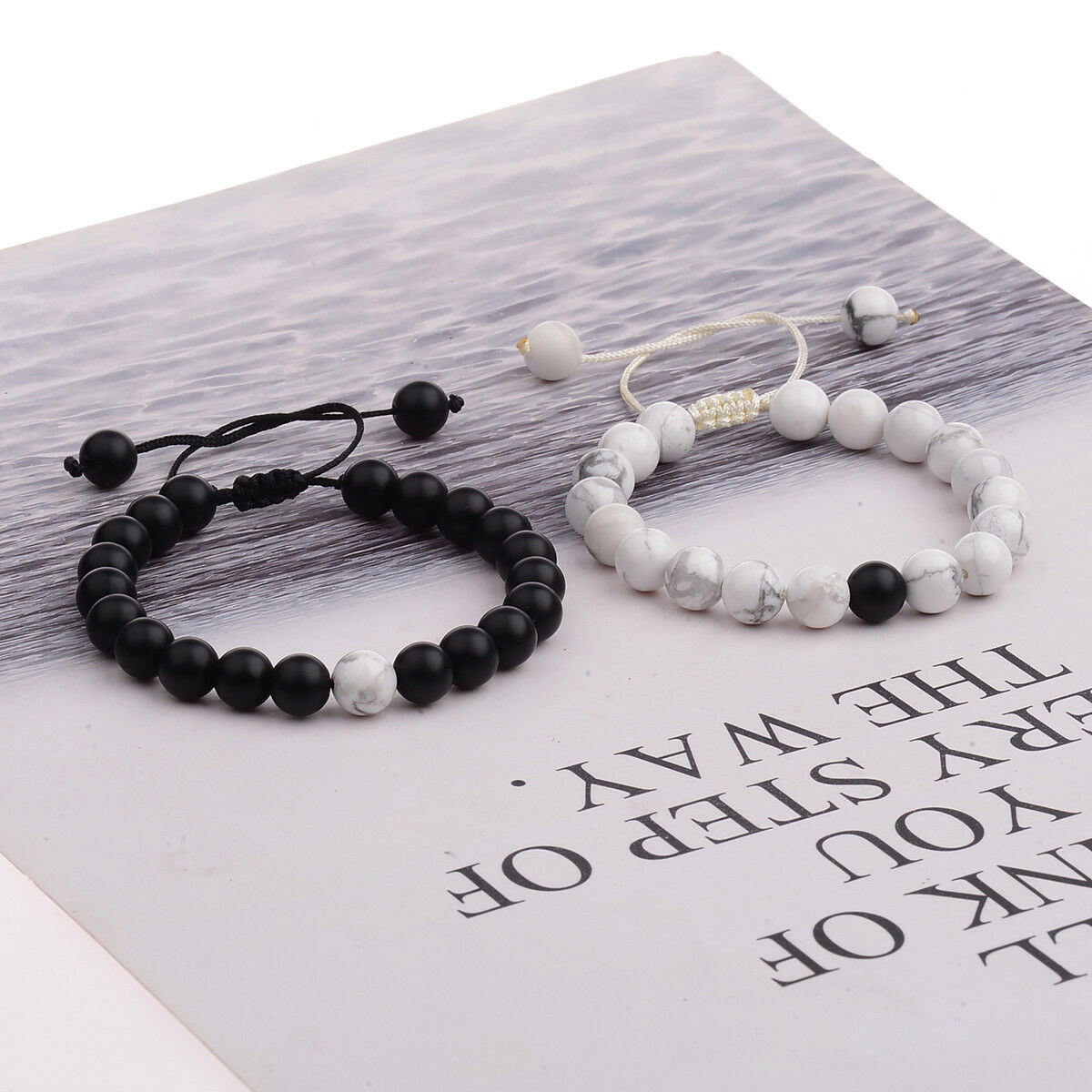 Distance Braided Bracelet Relationship Jewelry Natural Black/White Stone 2PCS