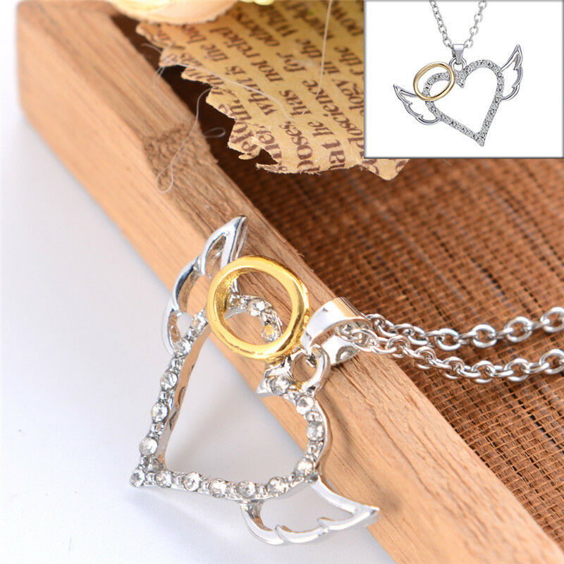 Fashion Angel Wings Love Heart Pendant Necklace Jewelry Chain Necklac.l8