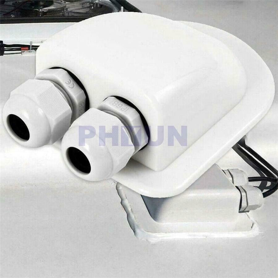 1pc White ABS Car Camper RV Top Roof Double Cable Entry Gland For 6-12mm Cable