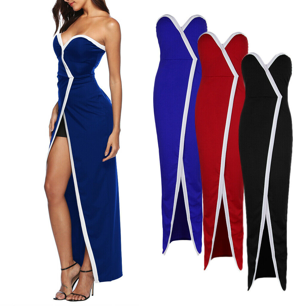 Women Off Shoulder Front Split Stripe Bodycon Clubwear Party Dress S Red